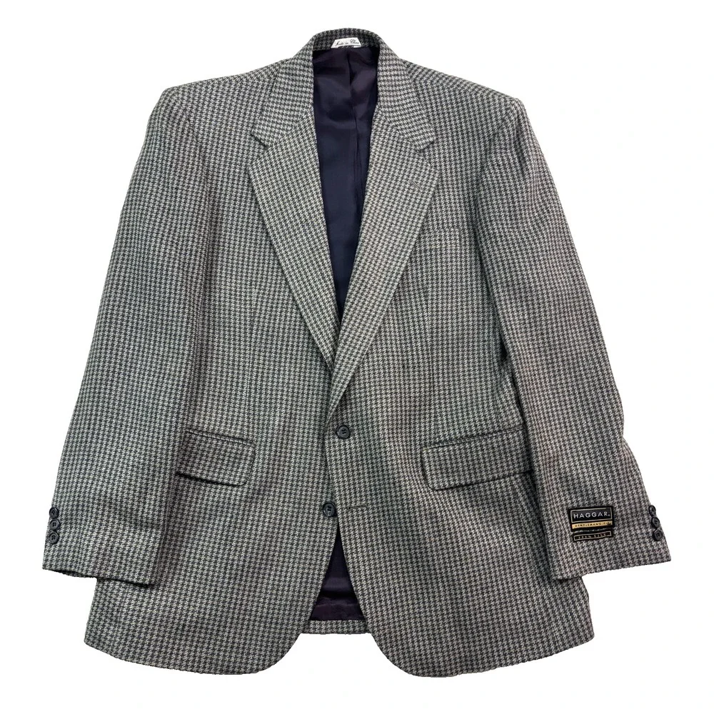 vtg NEW Haggar 42L Gray Blue‎ Houndstooth 100% Silk Blazer Jacket Sport Coat